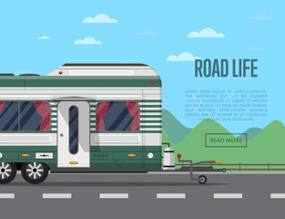 Road life poster with camping trailer on nature background. Side view car RV trailer caravan, compact motorhome, mobile home for country traveling and outdoor family vacation vector illustration