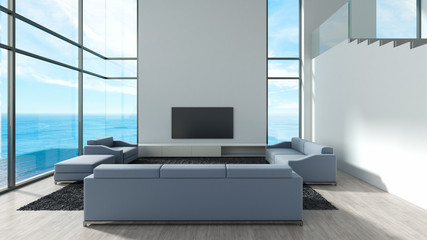 Modern interior living room double space with sofa set beach window view. white wall wood floor loft style for mockup lamp, tv, photo frame. sea view summer 3d rendering.