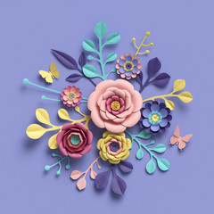 3d rendering, abstract floral background, paper flowers, botanical pattern, bridal round bouquet, papercraft, candy pastel colors, bright hue palette
