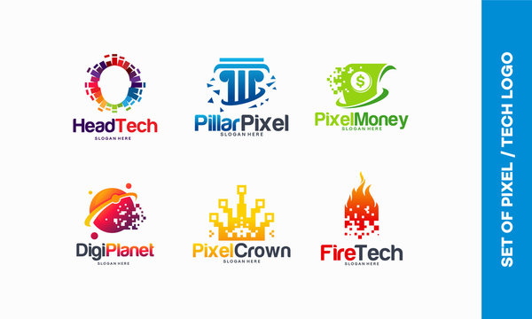 set of Pixel Tech logo designs concept, Head tech logo, Colorful Head Mind, Pixel Pillar, Pixel Money, Digital money, Digital Planet, Pixel Crown, Fire tech logo template vector