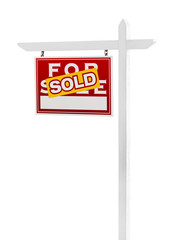 Left Facing Sold For Sale Real Estate Sign Isolated on a White Background.