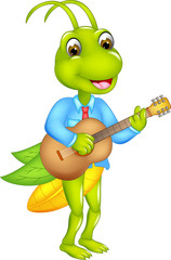 cute grasshopper cartoon standing with playing guitar and laughing