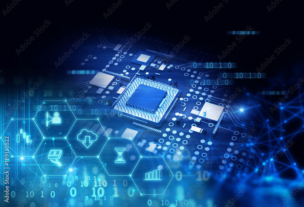 Poster 3d rendering of futuristic blue circuit board