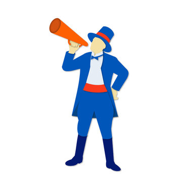 Paper cut style illustration of a ringmaster, ringleader, circus perfromer or master of ceremonies holding a bullhorn done in retro, decorative papercut design.