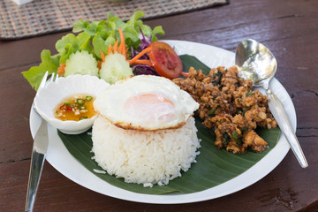 Rice topped with stir-fried pork and basil and Fried Egg(Sunny side up)
