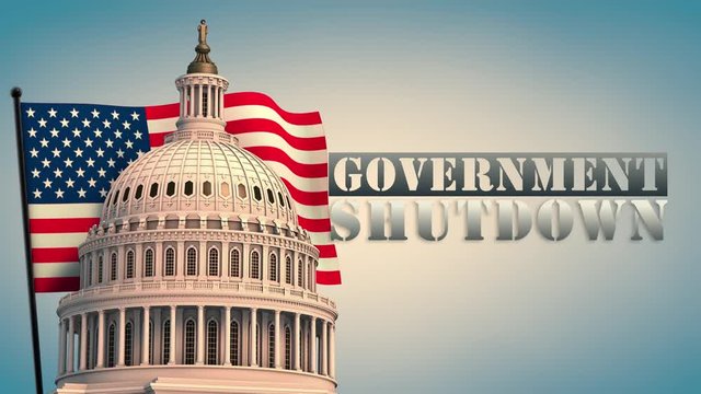 Capital Building with Flag Government Shutdown Animation. Top of the United States Capital Building with a flag behind waving left justified on clouds background and government shutdown text.