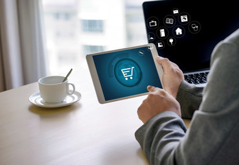 Business people use Technology Ecommerce Internet Global Marketing Purchasing Plan and Bank Concept