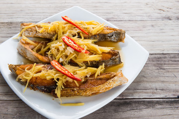 Deep fried fish with ginger and soy sauce
