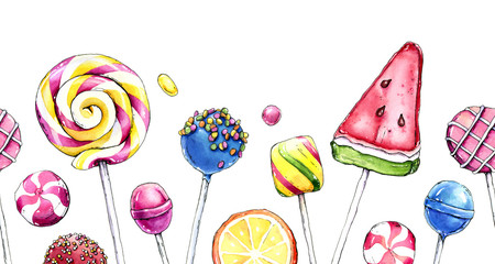 Naklejki  Ręcznie rysowane akwarela ilustracja kolorowych słodyczy na białym tle. Bezszwowa granica.