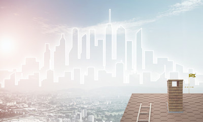 Concept of real estate and construction with drawn silhouette on big city background