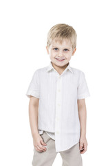 portrait of a happy five year old boy on white background