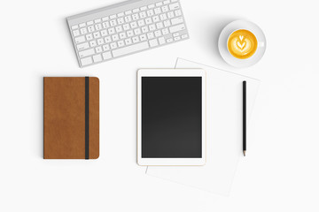 Modern workspace with coffee cup, smartphone, paper, notebook and tablet copy space on white color background. Top view. Flat lay style.