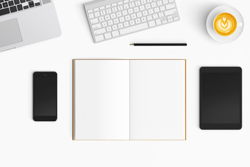 Modern workspace with coffee cup, smartphone, paper, notebook and tablet copy space on white color background. Top view. Flat lay style.