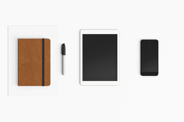 Modern workspace with coffee cup, smartphone, paper, notebook and tablet copy space on white color background. Top view. Flat lay style.