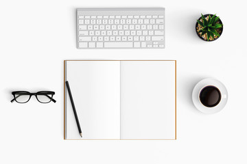 Modern workspace with coffee cup, smartphone, paper, tablet and notebook copy space on white color background. Top view. Flat lay style.