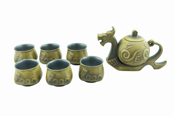 Set of modern tea ceremony pottery, dragon teapot and cup on isolated white background.