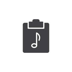 Clipboard and music note icon vector, filled flat sign, solid pictogram isolated on white. Media file symbol, logo illustration.