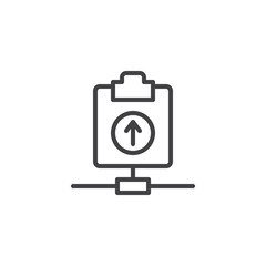 Clipboard and upload arrow line icon, outline vector sign, linear style pictogram isolated on white. Upload document file symbol, logo illustration. Editable stroke