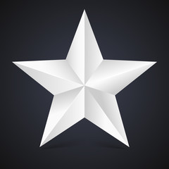 Volumetric five-pointed star with shadow. Icon of classic white star on black background, 3D illustration.
