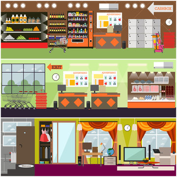 Grocery store, supermarket, home interior vector flat poster set