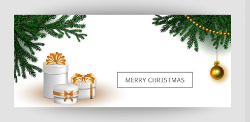Horizontal design background with white gift boxes and a gold bow with tree branches and balls. Template Invitation For Valentine's Day, Wedding, Birthday. For a banner, postcards. Vector.