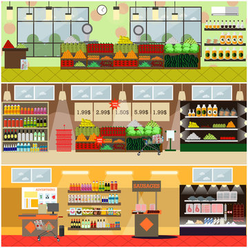 Grocery store or supermarket interior vector flat poster set