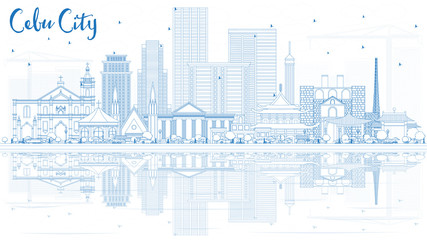 Fototapeta premium Outline Cebu City Philippines Skyline with Blue Buildings and Reflections.