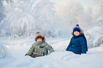 two boys playing in a winter forest, the brothers