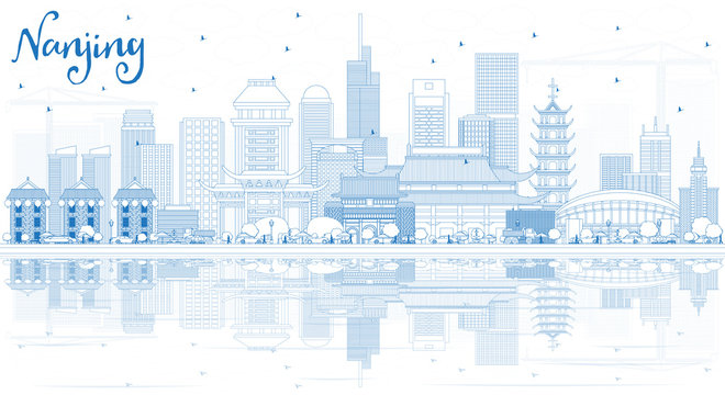 Outline Nanjing China City Skyline with Blue Buildings and Reflections.