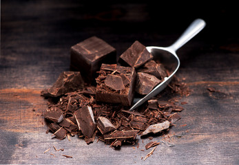 Pieces and chopped chocolate in a metal scoop