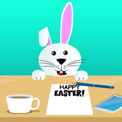 Easter bunny with Happy Easter text on white paper, pen, smart phone and coffee cup on a desk. Vector cartoon character illustration.