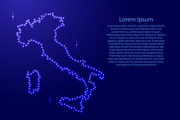 Map Italy from luminous blue star space points on the contour for banner, poster, greeting card, of vector illustration.