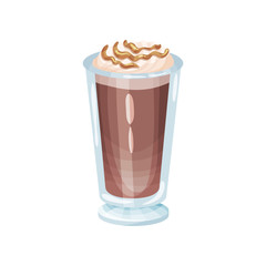 Cappuccino frappe with whipping cream, refreshment beverage in glass cartoon vector Illustration