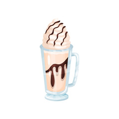 Milkshake with whipped cream and chocolate syrup, refreshment beverage in glass cup cartoon vector Illustration
