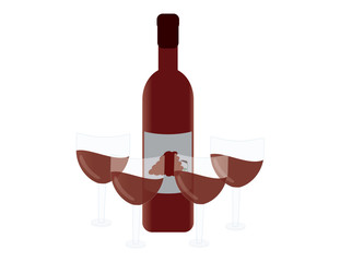 Red Wine bottle with grape label, and wine glasses on white background