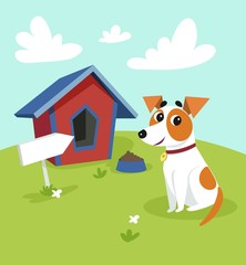 Obraz na płótnie Canvas Cute jack russell terrier dog sitting in front of its kennel in a garden, summer rural landscape vector illustration