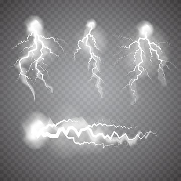 Realistic thunderstorm Lightning set, effect of electrical discharge. Vector Illustration