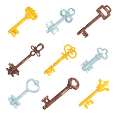 Collection vintage old keys, different bronze, silver and gold retro keys vector Illustrations