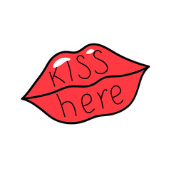 Vektor red mouth lips isolated on white. Lips kiss sign, sticker, patch badge. Kiss here text, message. Icon pop art 80s 90s style. Love valintines day symbol. Fashion illustration for card, textile