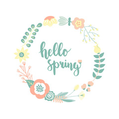 Vector Floral Frame with hand drawn lettering. Cute retro flowers arranged in a shape of the wreath. For wedding invitations and birthday cards.