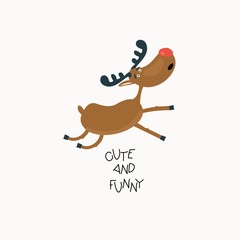 Funny cartoon reindeer. Vector illustration for children.