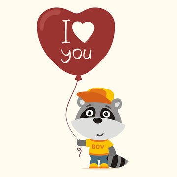 I love you! Funny raccoon with balloon heart for Valentine's Day. Greeting card for Valentine's Day.