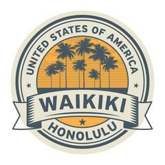 Stamp or label with name of Waikiki, Honolulu