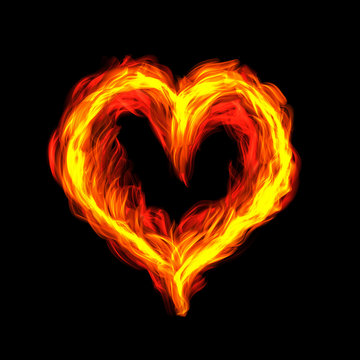 Hot Fire Heart Burning On Black Background. Passion And Desire