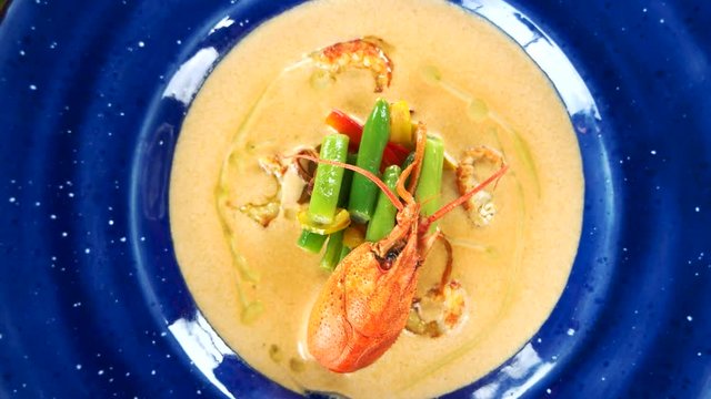 Vegetable cream soup, crayfish tails. Healthy dish top view.
