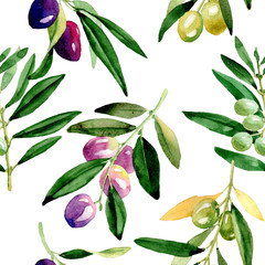 Naklejka premium Olive tree pattern in a watercolor style. Full name of the plant: Branches of an olive tree. Aquarelle olive tree for background, texture, wrapper pattern, frame or border.