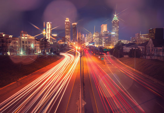 Atlanta city night skyline with bokeh lights