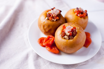 Home healthy healthy breakfast - tea, dried fruits, baked apples with honey. Cozy homemade tea