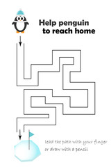 Labyrinth game, help the penguin to reach home, lead the path with finger or draw, cartoon character, preschool worksheet activity for kids, task for the development children, vector illustration