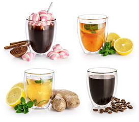 Collection of hot drinks in a glass with double walls isolated on white background. Cocoa, coffee, tea.